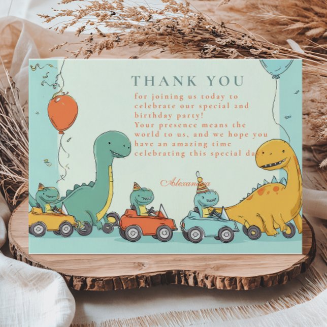 Dinosaur Race Car 2nd Birthday Thank You Card (Creator Uploaded)