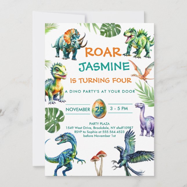 Dinosaur Rawr Cute Birthday Party Invitation (Front)