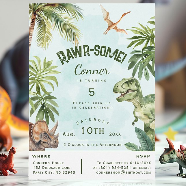 Dinosaur Rawr-Some Kids Birthday Invitation (Dinosaur Boy Birthday Party Invitation)
