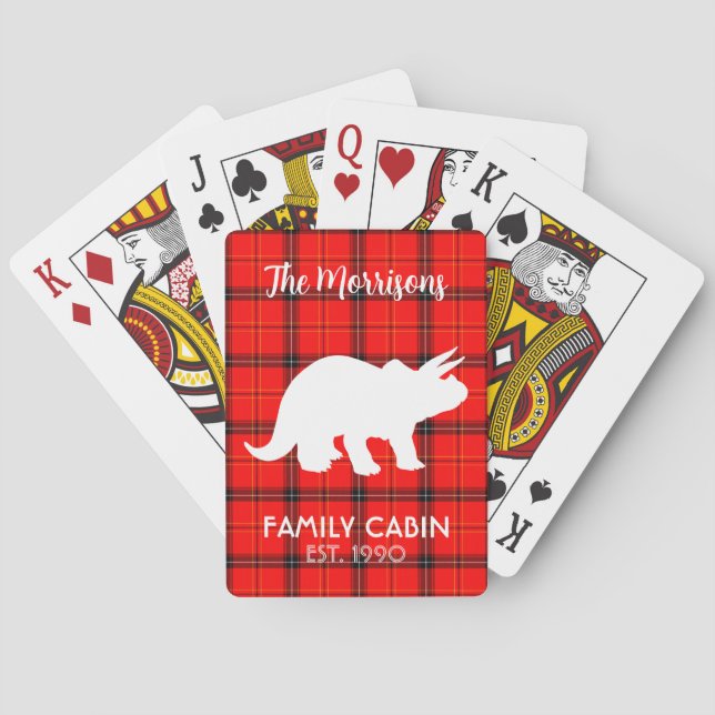 Dinosaur Red Buffalo Plaid Family Cabin Name Playing Cards (Back)