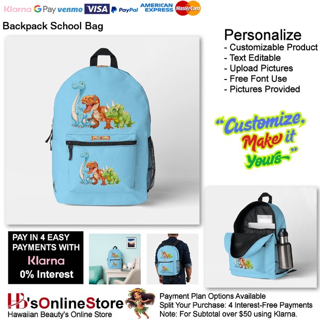 Dinosaur Reptiles Blue School Backpack 15 (Dinosaur Reptiles Black & Blue School Backpack 16.)