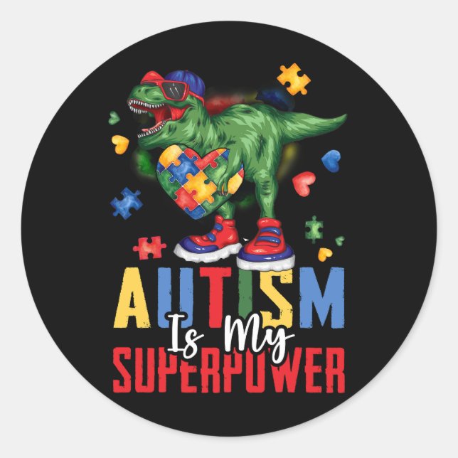Dinosaur Rex Autism Is My Superpower Autism Awaren Classic Round Sticker (Front)