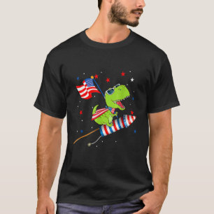 Dinosaur Riding Fireworks  4th Of July Kids Boys M T-Shirt