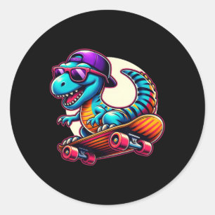 Dinosaur Riding Skateboard Funny T-rex Dino Skateb Classic Round Sticker