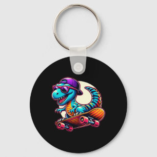 Dinosaur Riding Skateboard Funny T-rex Dino Skateb Key Ring