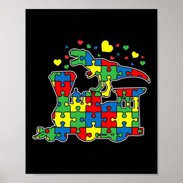 Dinosaur Riding Train Puzzle Piece Autism Awarenes Poster (Front)