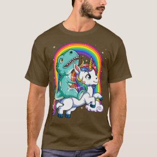 Dinosaur Riding Unicorn T Shirt Kids Men Rainbow