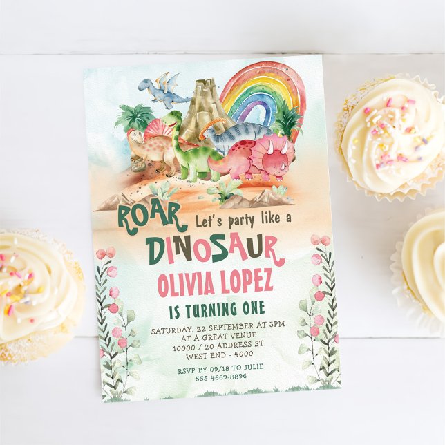 Dinosaur Roar 1st Birthday Party Girl Invitation (Creator Uploaded)