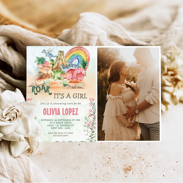 Dinosaur Roar Baby Shower Girl Party Photo Invitation (Creator Uploaded)