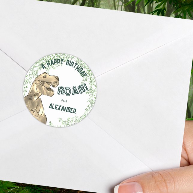 Dinosaur Roar Birthday Party Add Name Classic Round Sticker (A happy birthday T-rex roar personalized dinosaur jungle sticker )