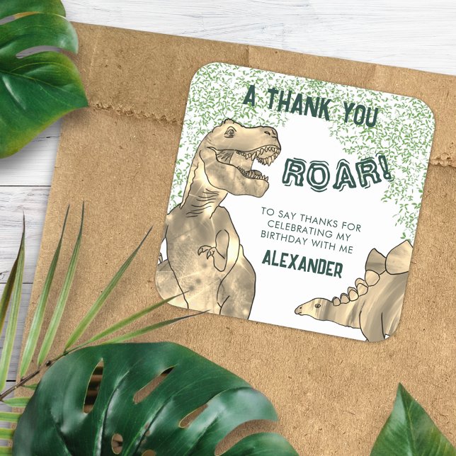 Dinosaur Roar Birthday Party Thank You Square Sticker (T-Rex roar and stegosaurus dinosaur jungle birthday party thank you custom favor sticker add name)