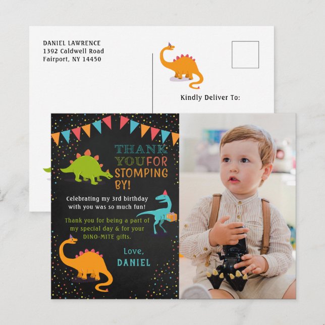 Dinosaur Roar Chalkboard Birthday Photo Thank You Postcard (Front/Back)