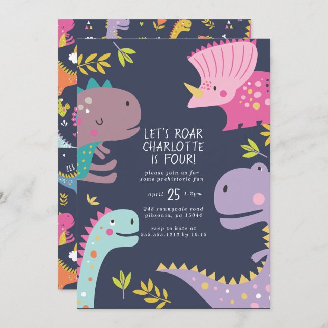 Dinosaur Roar Girls Birthday Purple Invitation (Front/Back)