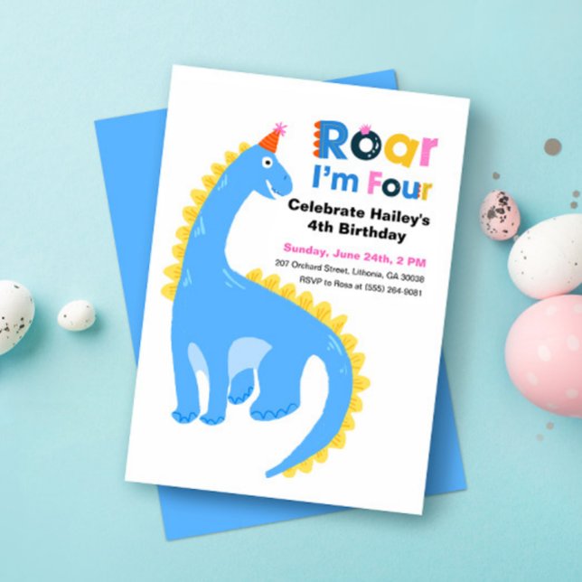 Dinosaur Roar In Kids 4th Birthday Party Invites (Creator Uploaded)
