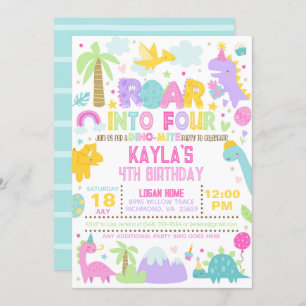 Dinosaur Roar into Four 4th Birthday Invitation
