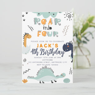  Dinosaur Roar into Four Birthday Party Invitation