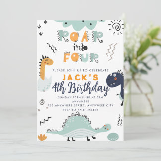 Dinosaur Roar into Four Birthday Party Invitation