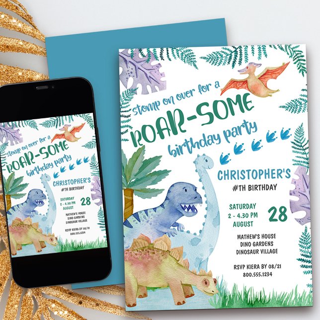 Dinosaur Roar-Some Birthday Party Boys Any Age Invitation (kids dinosaur birthday invitation -  invite your friends to stomp on over for a roar-some party)