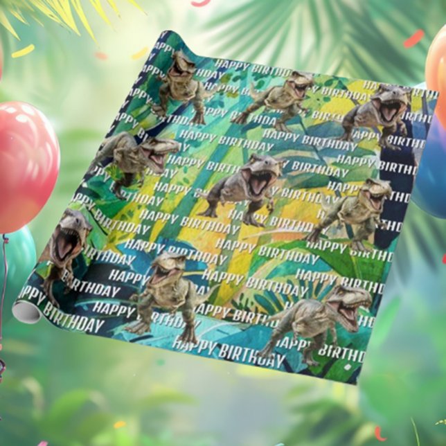 Dinosaur Roaring Happy Birthday Wrapping Paper (Unbelievable Jungle Dinosaur World’s T-Rex Wrapping Paper!)