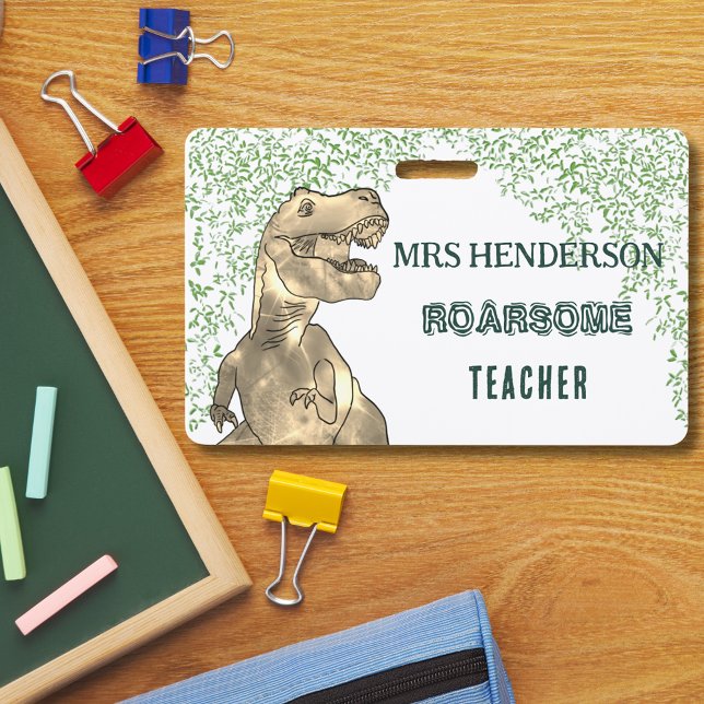 Dinosaur Roarsome School Teacher Name ID Badge (Fun T-Rex dinosaur roarsome school teacher personalized name badge lanyard green typography )