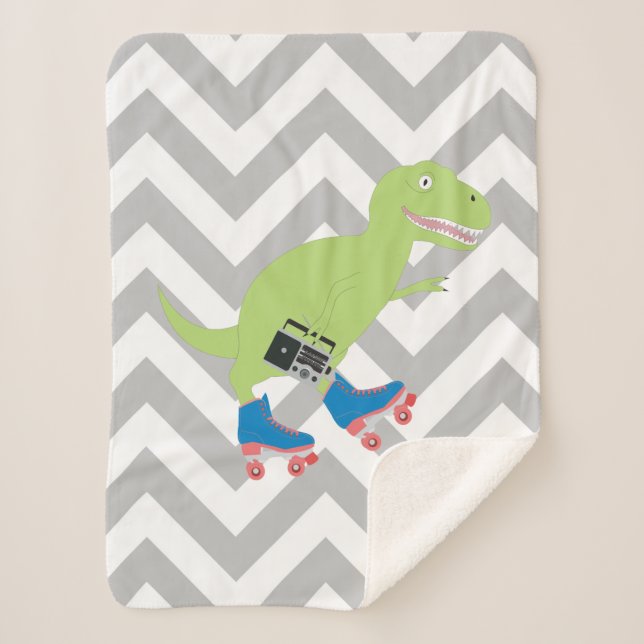 Dinosaur Roller Skating Holding Radio Sherpa Blanket (Front)