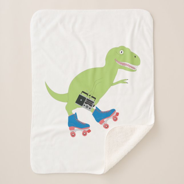 Dinosaur Roller Skating Holding Radio Sherpa Blanket (Front)