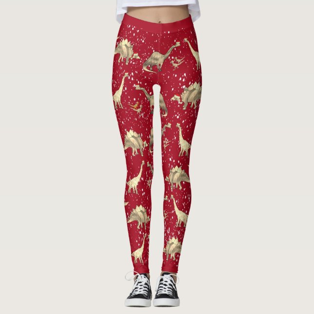 Dinosaur Santa Red Christmas Leggings (Front)