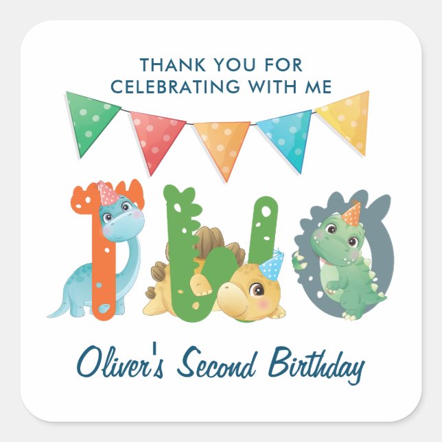 Dinosaur Second Birthday Thank You   Square Sticker (Front)