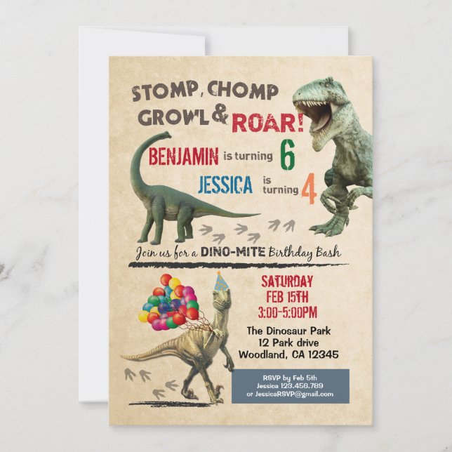 Dinosaur sibling birthday invitation 2 names (Front)