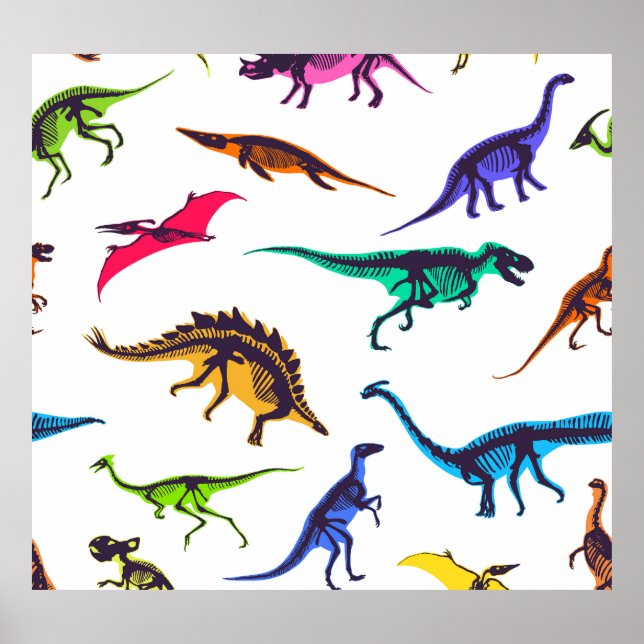 Dinosaur silhouettes: vintage sketch pattern. poster (Front)