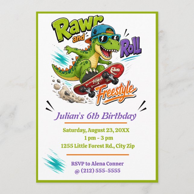 Dinosaur Skateboard Freestyle Birthday  Invitation (Front)