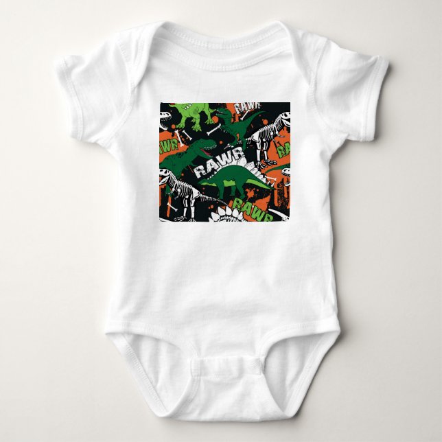Dinosaur skeleton, grunge seamless pattern. baby bodysuit (Front)