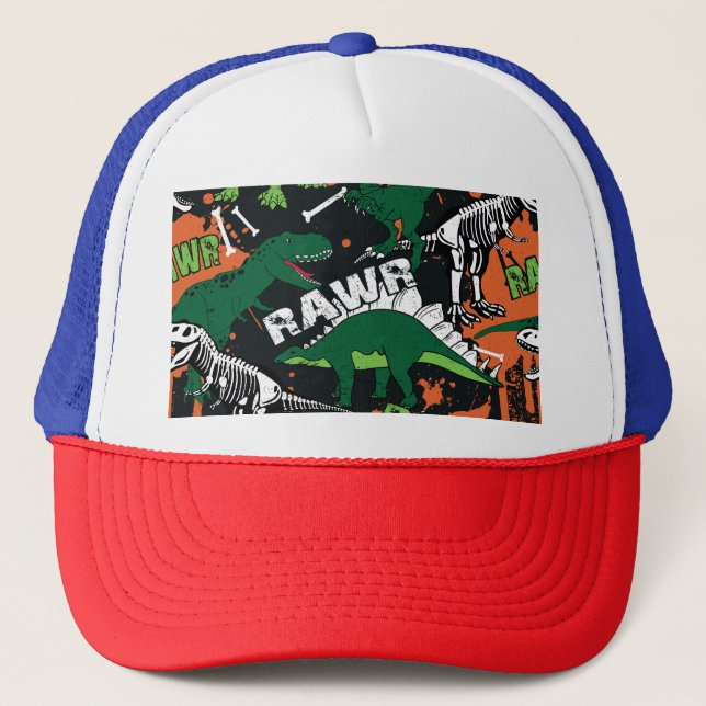 Dinosaur skeleton, grunge seamless pattern. trucker hat (Front)