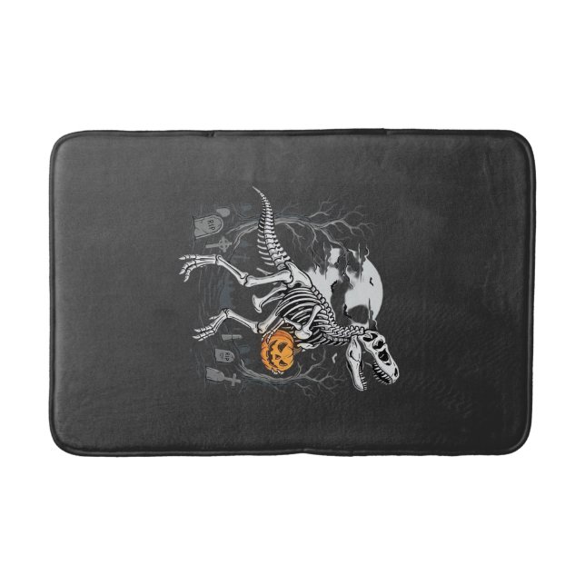 Dinosaur Skeleton Halloween Pumpkin Graveyard Desi Bath Mat (Front)