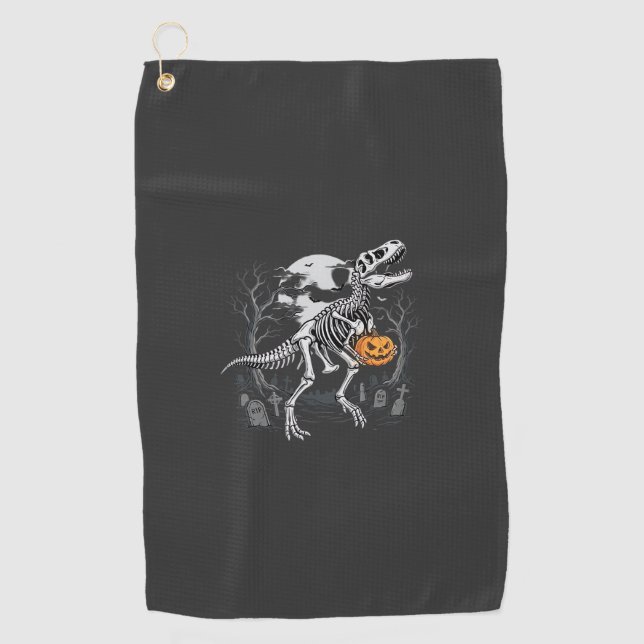 Dinosaur Skeleton Halloween Pumpkin Graveyard Desi Golf Towel (Front)