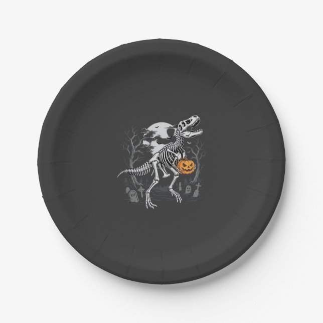 Dinosaur Skeleton Halloween Pumpkin Graveyard Desi Paper Plate (Front)