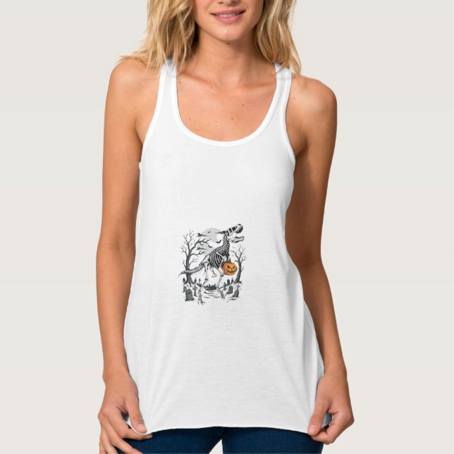 Dinosaur Skeleton Halloween Pumpkin Graveyard Desi Singlet (Front)