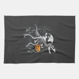 Dinosaur Skeleton Halloween Pumpkin Graveyard Desi Tea Towel