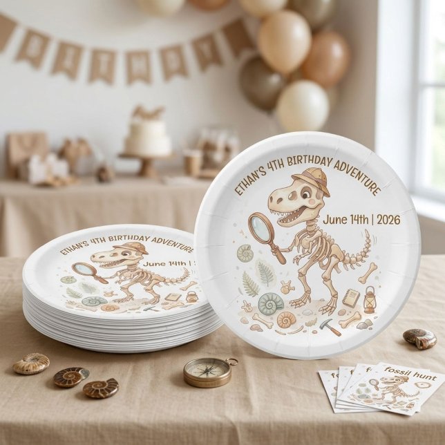 Dinosaur Skeleton Paleontologist Boy 4th Birthday Paper Plate (Creator Uploaded)