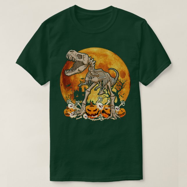 Dinosaur Skeleton Pumpkin With Moon Halloween Cost T-Shirt (Design Front)