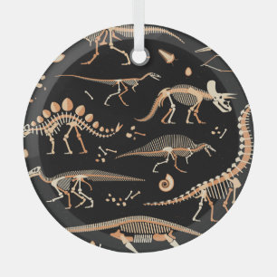 Dinosaur skeletons, fossils, vintage pattern. glass tree decoration