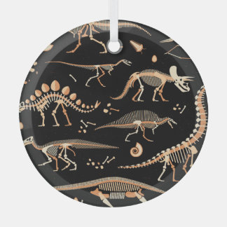Dinosaur skeletons, fossils, vintage pattern. glass tree decoration