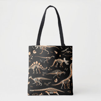 Dinosaur skeletons, fossils, vintage pattern. tote bag