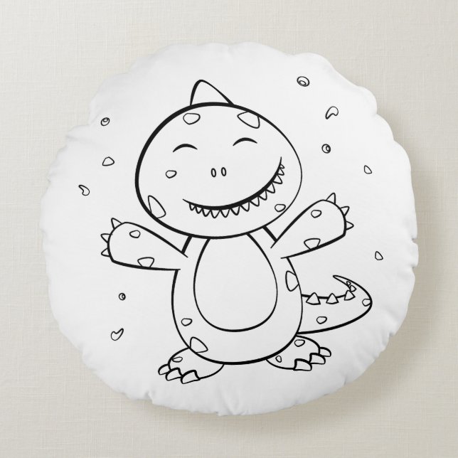 Dinosaur - Sketched Art Animal in Black & White Round Cushion (Front)