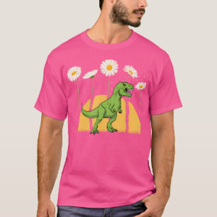 Dinosaur Spring Sunset Towering Daisy Flowers Dino T-Shirt