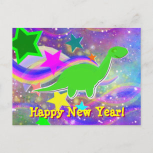 Dinosaur Stars & Swirls Happy New Year Postcard