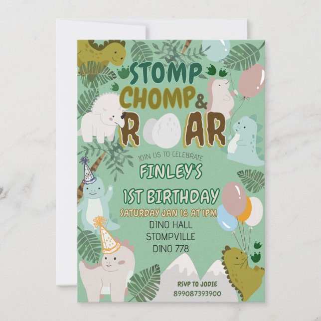 Dinosaur stomp chomp and roar birthday invitation  (Front)