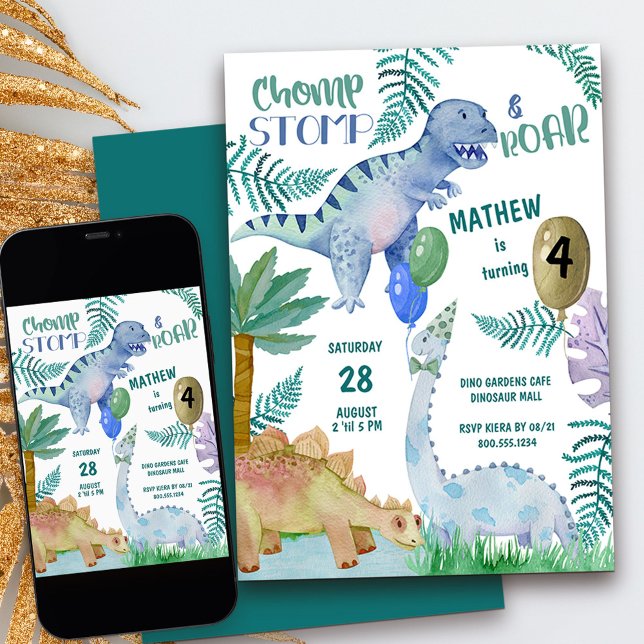 Dinosaur Stomp Chomp and Roar Boy Birthday Invitation (4th birthday dinosaur invitation with personalized chomp stomp & roar rhyme)