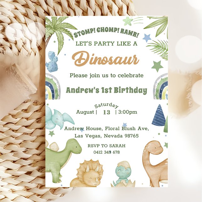 Dinosaur Stomp Chomp Rawr 1st Birthday Party Boy Invitation (Creator Uploaded)