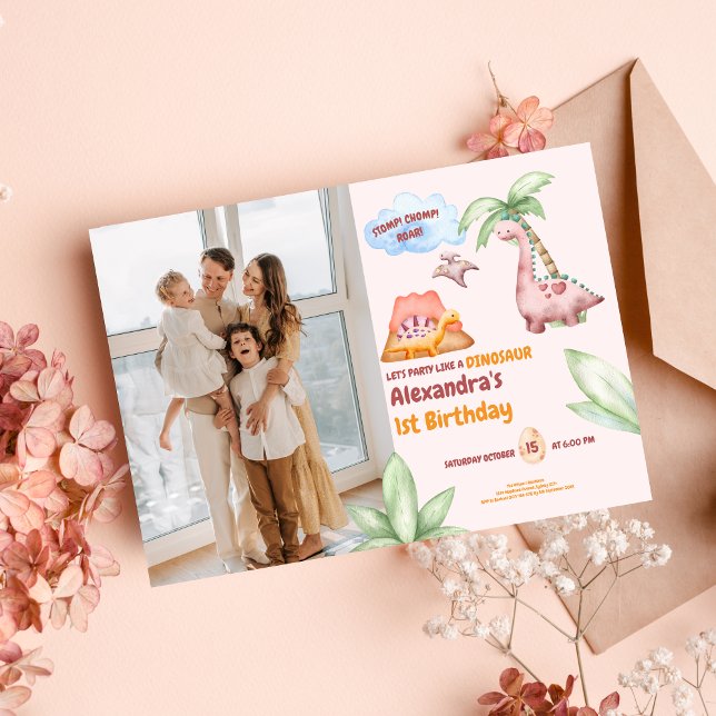 Dinosaur Stomp Chomp Rawr 1st Birthday Party girl Invitation (Creator Uploaded)